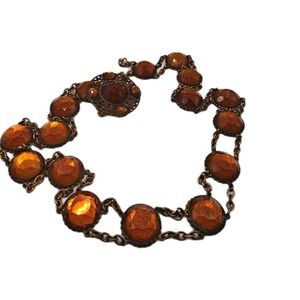 ANTIQUE ART DECO 1930s CZECH GLASS Amber FILIGREE BRASS BELT RARE 29Inch